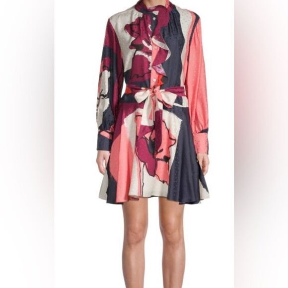 TANYA TAYLOR NWT 
Brea Print Ruffle Silk Shirt Dress Size 16 - Picture 1 of 13